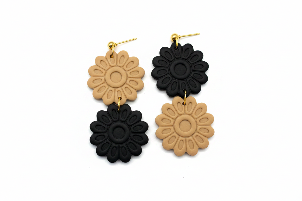 Black and Tan Floral Earrings - White Background