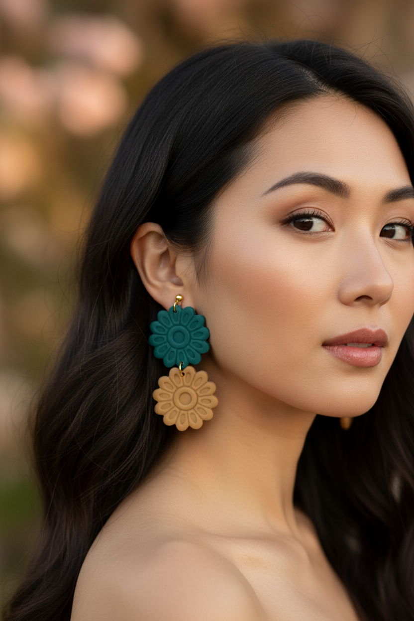 Black & Tan Floral Clay Earrings - Asian Woman