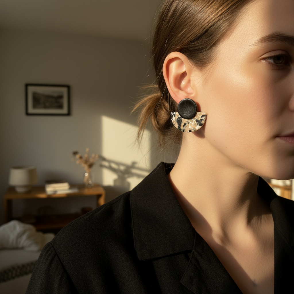 Clay Dangle Earrings - White Woman Black Shirt