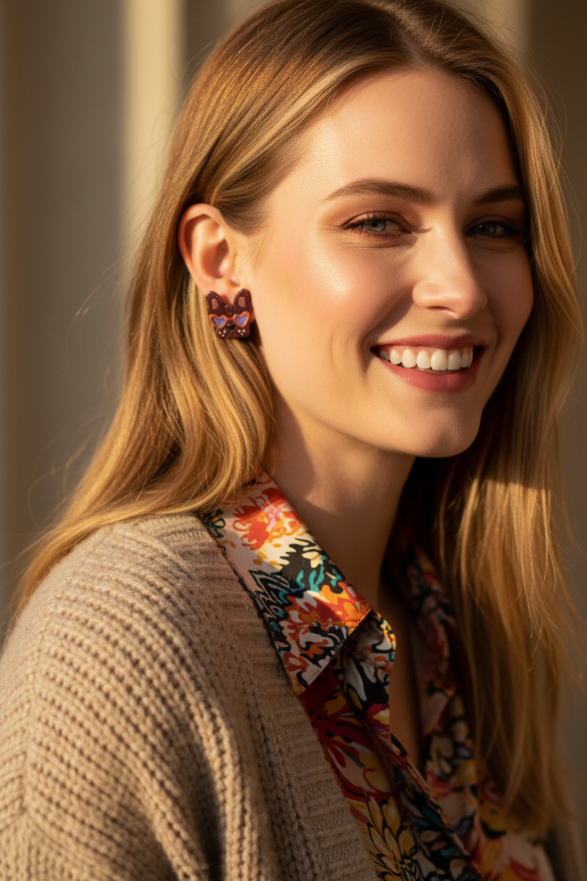 White woman wearing Frenchie Loves You Stud Earrings with stud post aligned with earlobe