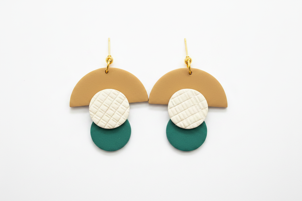 Textured Layered Emerald and Tan Dangle Earrings on white background