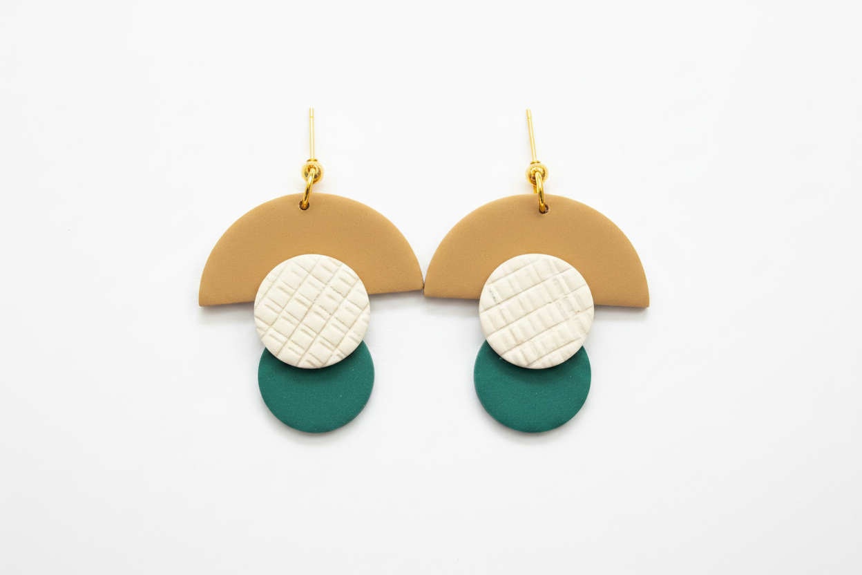 Textured Layered Emerald and Tan Dangle Earrings on white background
