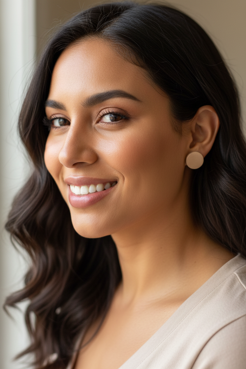 Latina woman wearing Bare Honey Gloss Stud Earrings lifestyle photo