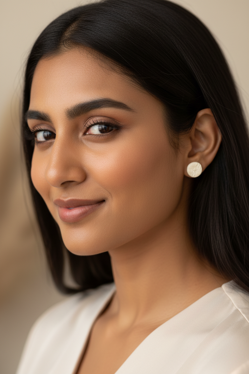 Indian American woman wearing Ivory Petal Texture Stud Earrings lifestyle photo