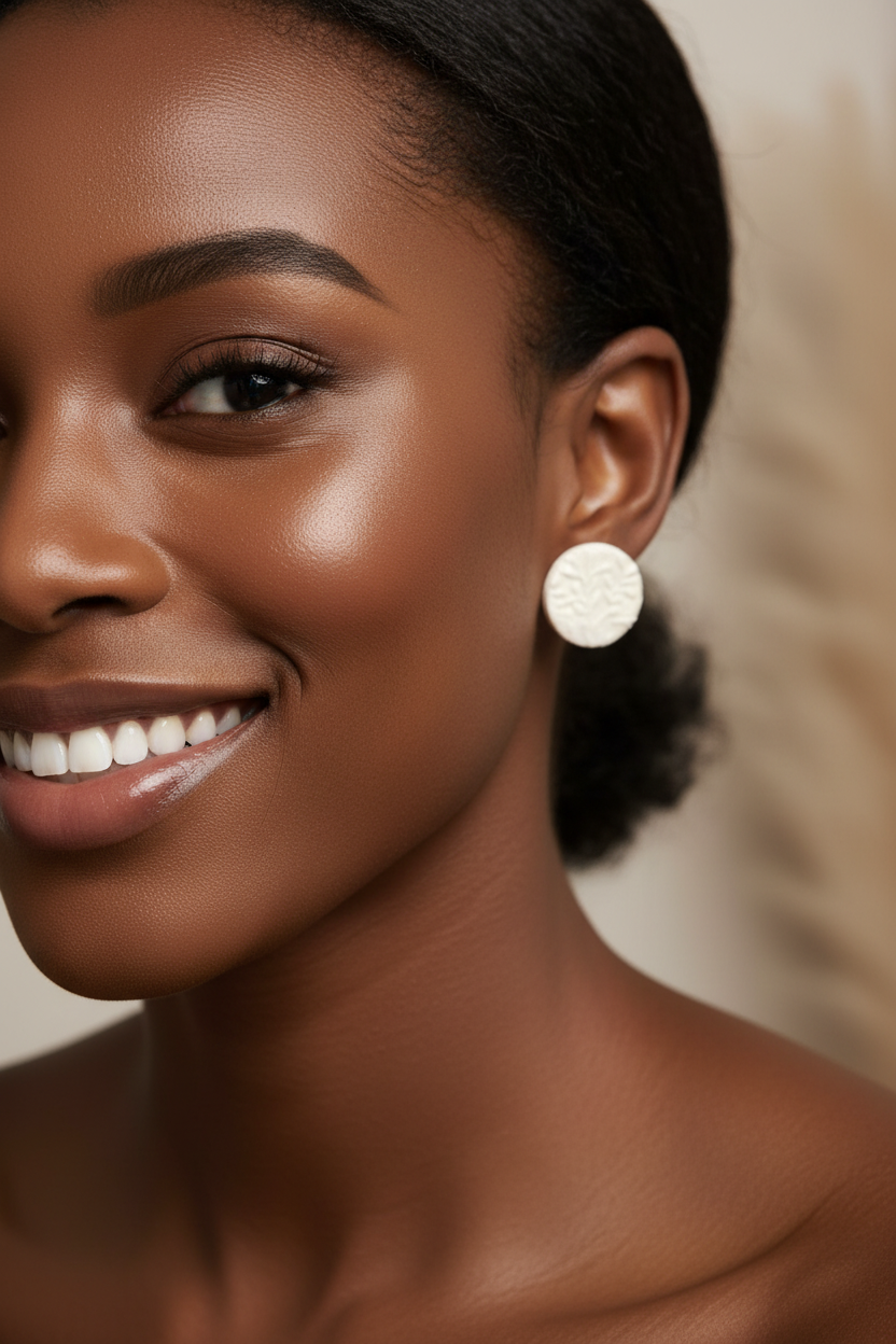 Black woman wearing White Willow Botanical Stud Earrings lifestyle photo