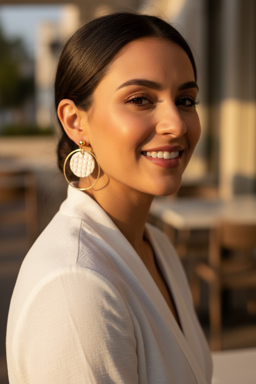 Latina woman wearing Cloud Nine Hoop Earrings with gold ball post through earlobe