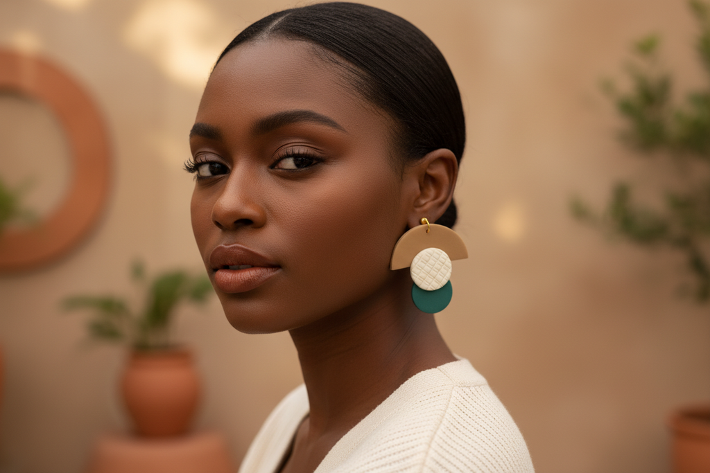 Textured Layered Emerald and Tan Dangle Earrings lifestyle photo
