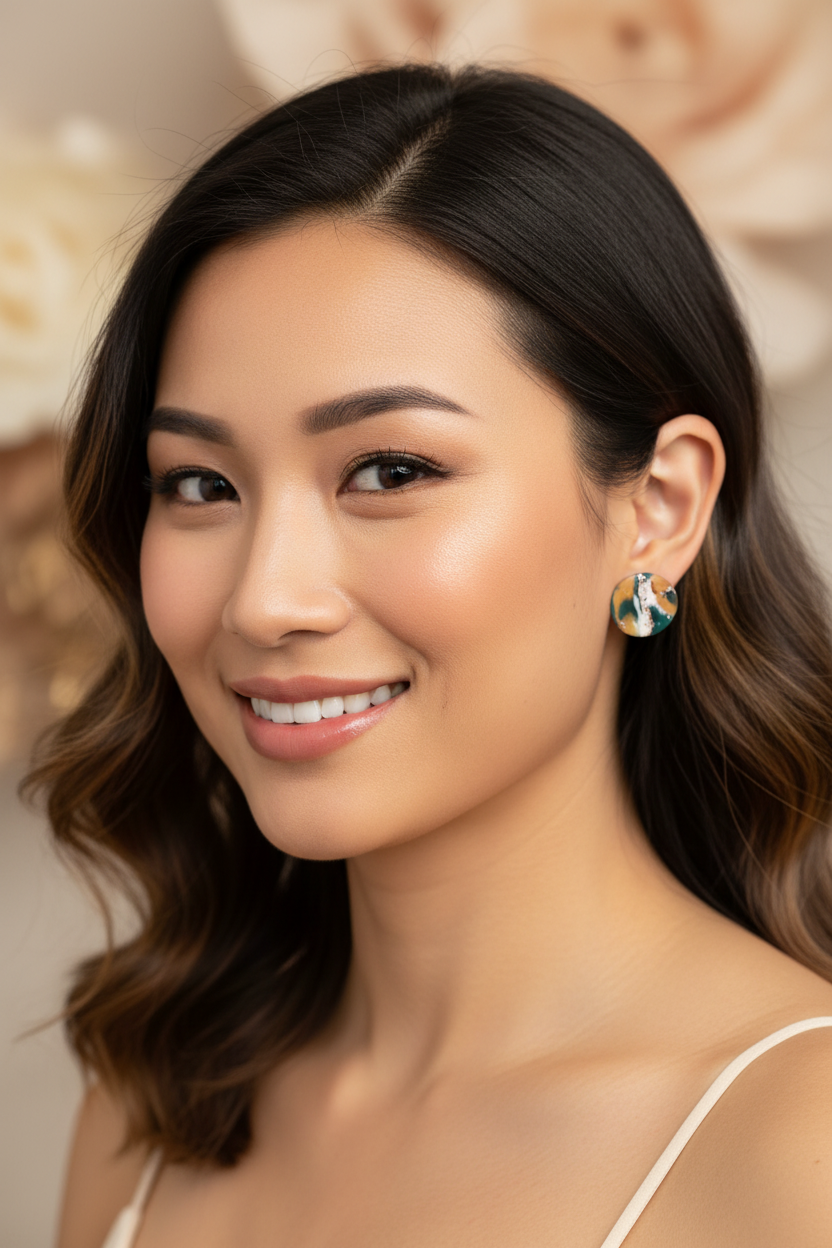 Asian woman wearing Jade Harmony Marble Stud Earrings lifestyle photo