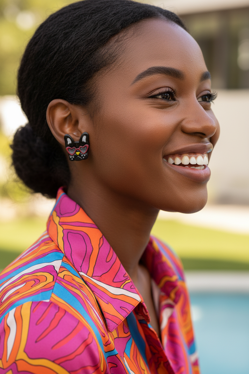 Black woman wearing Smoky Cool Frenchie Stud Earrings with stud post aligned with earlobe