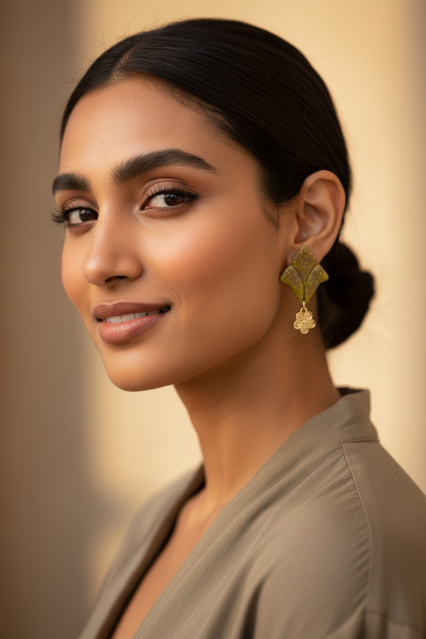Indian American woman wearing Golden Leaf Bloom Earrings with stud post aligned with earlobe