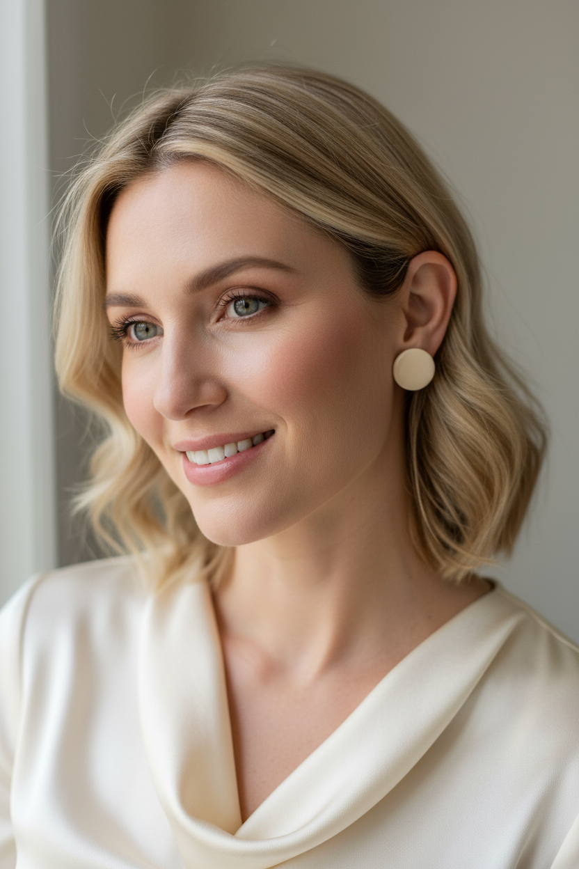 White woman wearing Cloud & Cream Gloss Stud Earrings lifestyle photo
