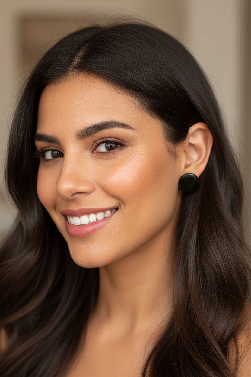Latina woman wearing Obsidian Gloss Stud Earrings lifestyle photo