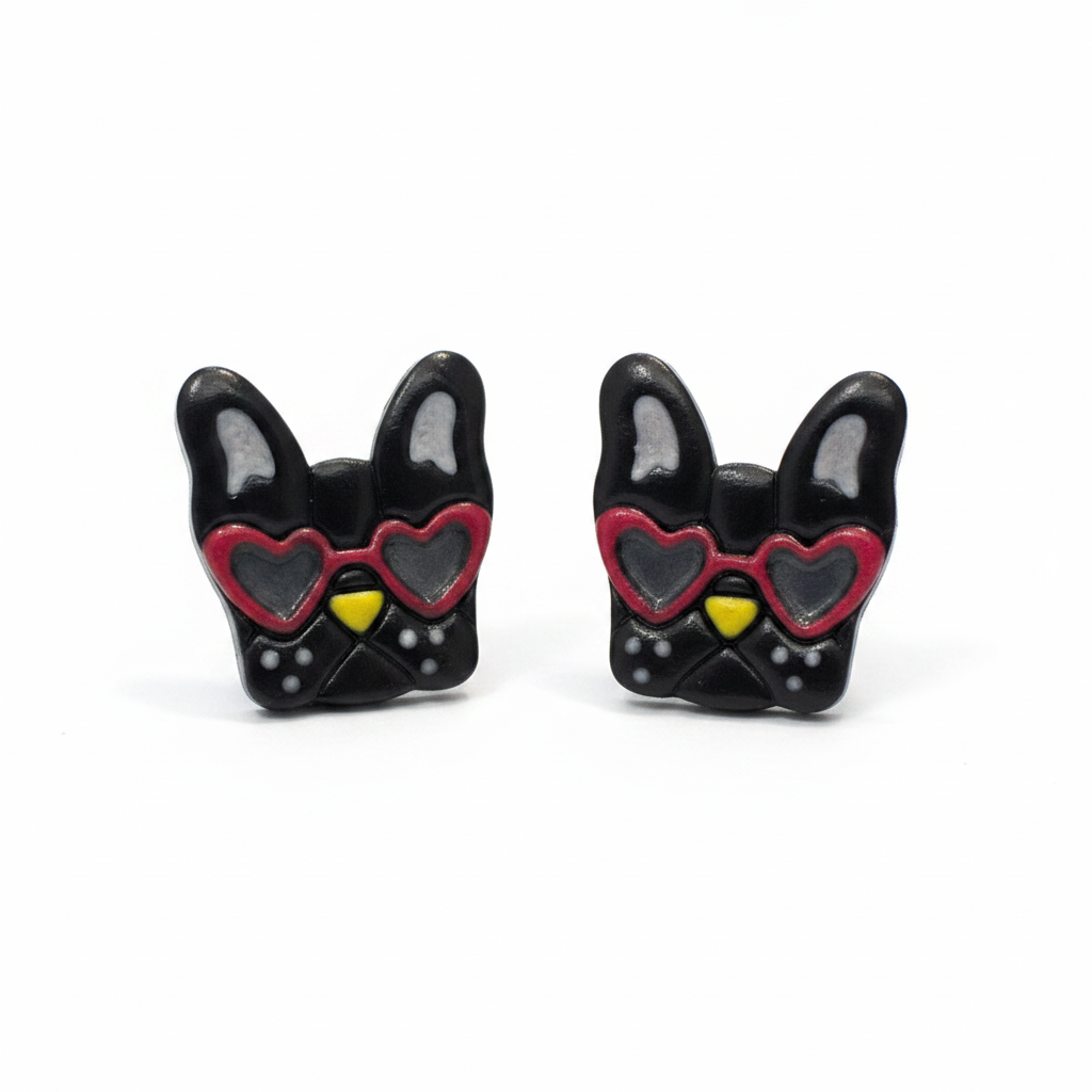 Smoky Cool Frenchie Stud Earrings on a clean white background