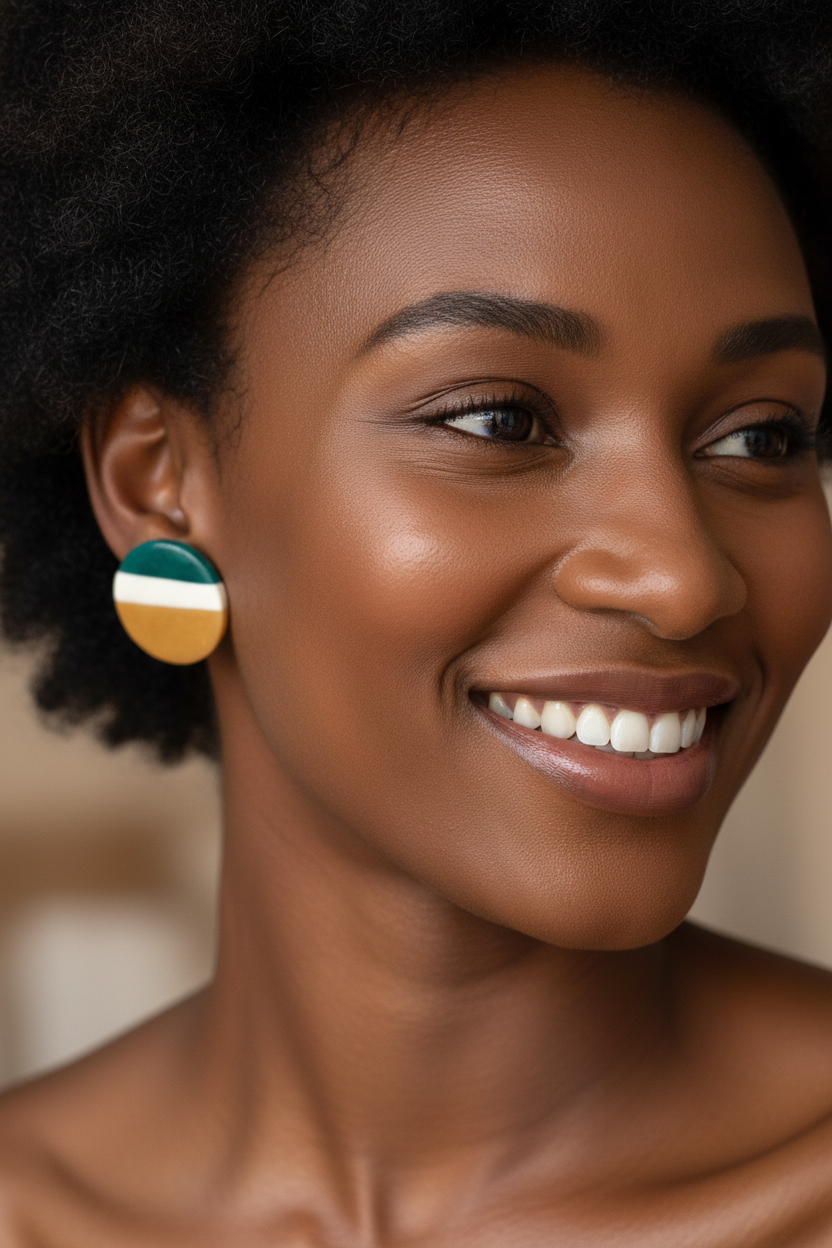 Black woman wearing Tri-Color Harmony Stud Earrings lifestyle photo