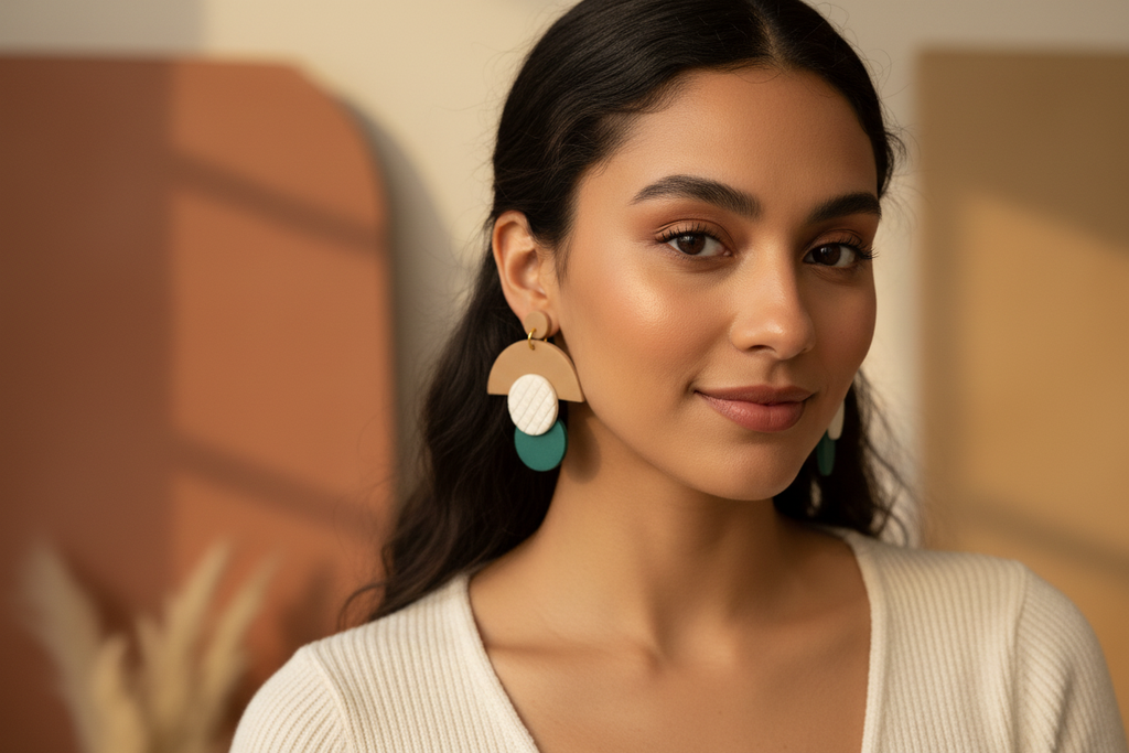 Tierra & Jade Geometric Dangle Earrings lifestyle photo with Latina woman