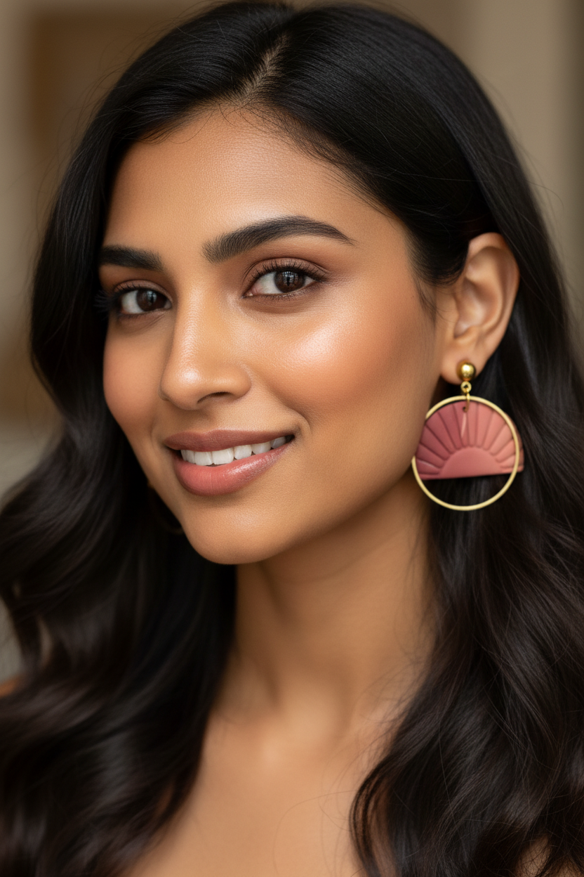 Indian American woman wearing Desert Sunrise Hoop Dangle Earrings lifestyle photo